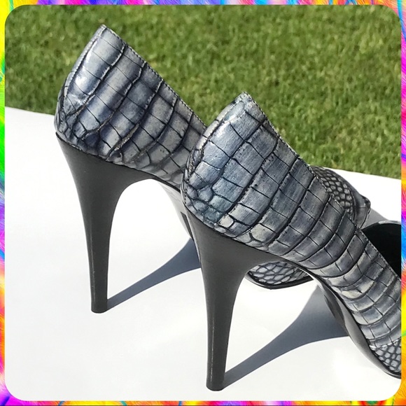 PELLE MODA Blue Gray Snakeskin Peep Toe Stiletto High Heels Pumps Size 8 M - Picture 10 of 14